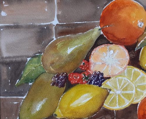 Christine M, fruit burst, watercolour.